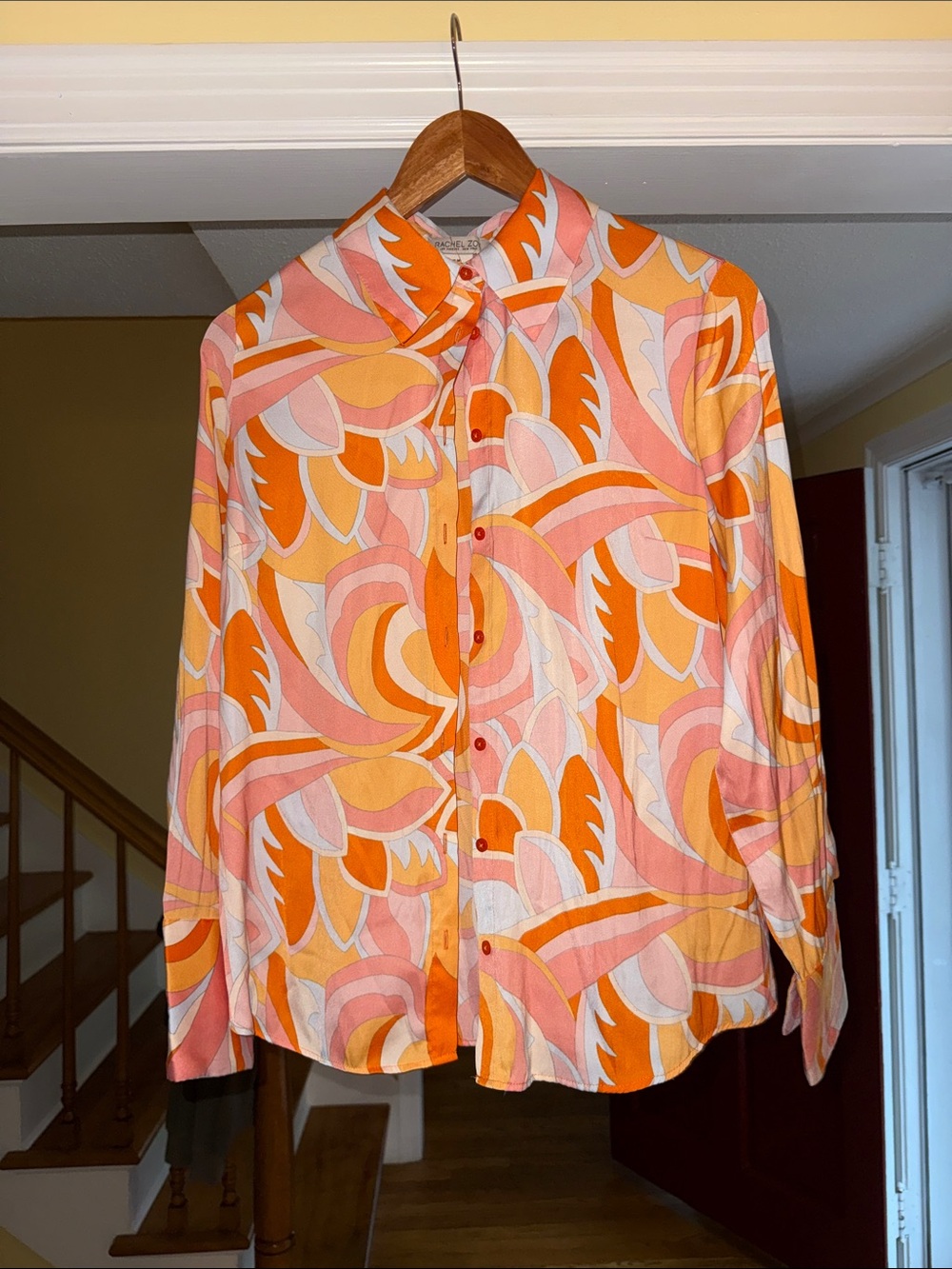 Rachel Zoe Orange & Pink Abstract Silk Button-Down Shirt